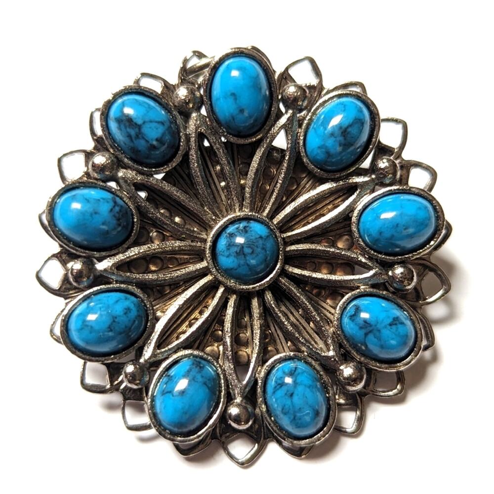 Vintage Silver Tone Filigree Faux Turquoise Flower Southwestern Brooch Pendant